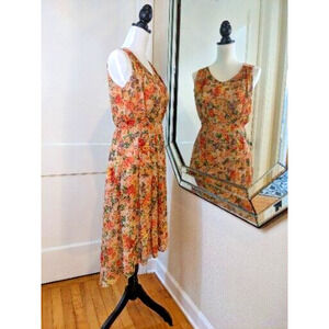 Y2K Chiffon Tapestry Slip Dress M Peach Floral Draped Pleats Hi-Lo Cottagecore